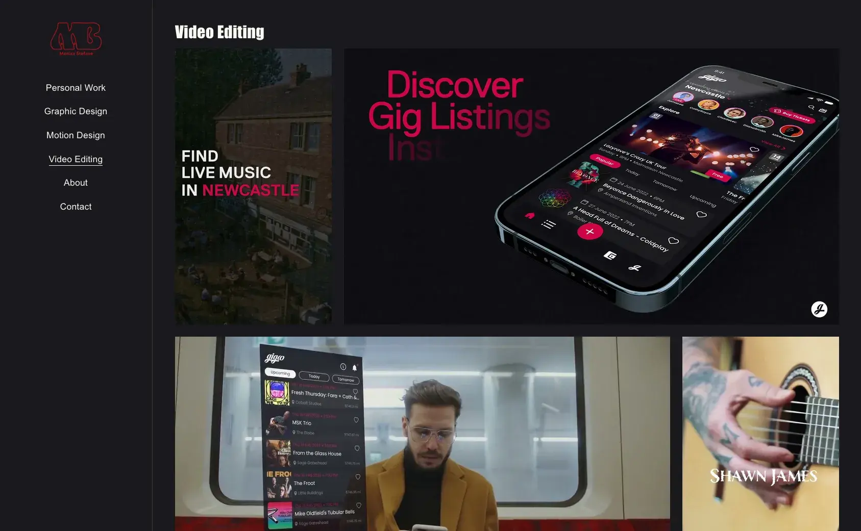 Video editing gallery page showing a grid of video projects
